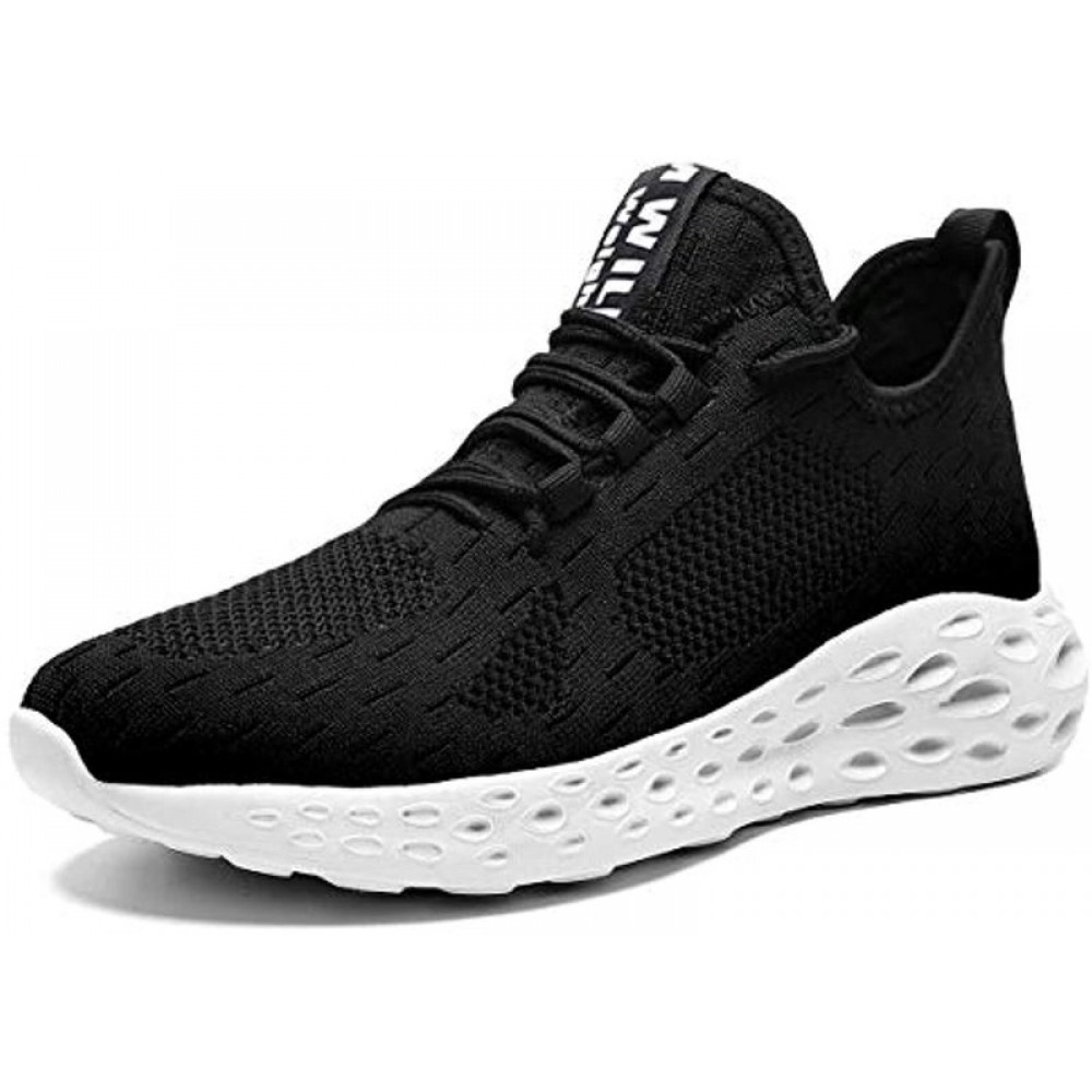 Men's Running Shoes Slip On Walking Shoes Fashion Breathable Sneakers Mesh Soft Sole Casual Athletic Lightweight Black-White